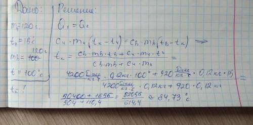 В алюмінієву чашку масою 120 г що має температуру 15 градусів налити 120 г води температура якої 100