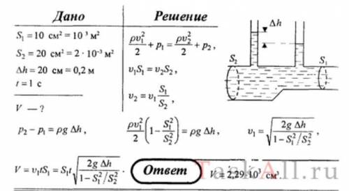 По горизонтальной трубе переменного сечения течет вода. Площади поперечных сечений трубы в узкой и ш