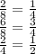 \frac{2}{8} = \frac{1}{4} \\ \frac{6}{8} = \frac{3}{4} \\ \frac{2}{4} = \frac{1}{2}