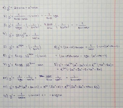 найдите производную сложной функции: 1) x^2×sinX; 2)log15cosx; 3) Inctgx; 4)tg^35x; 5)e^ctgx; 6)23^c