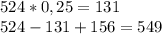 524*0,25=131\\ 524-131+156=549