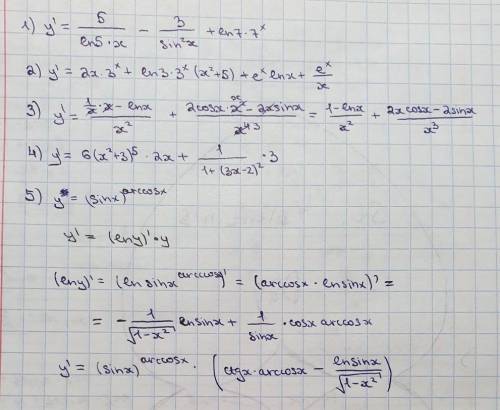 Найти производную функции:1) y=5log5x +3ctgx+7^x2) y=(x^2+5)3^x+e^x lnx3)y=lnx/x + 2sinx/x^24) y=(x^