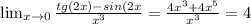 \lim_{x \to 0} \frac{tg(2x)-sin(2x}{x^{3}} =\frac{4x^{3}+4x^{5}}{x^{3}} =4