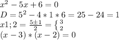 x^2-5x+6=0\\D = 5^2 - 4 * 1 * 6 = 25 - 24 = 1\\x1;2 = \frac{5 б1}{2} = \left \{ {{3} \atop {2}} \right.\\(x-3)*(x-2)=0