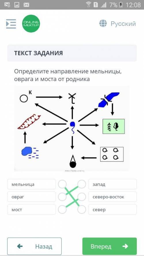 Задание 5. Определите направление мельницы, оврага и моста от родника [3]K4оооНаправлениеНазваниеобъ