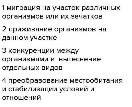 Установите правильную последовательность этапов сукцессии A. преобразование живыми организмами место