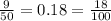 \frac{9}{50} = 0.18 = \frac{18}{100}