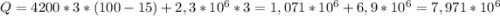 Q = 4200 * 3 * ( 100 - 15 ) + 2,3 * 10^6 * 3 = 1, 071 * 10^6 + 6,9 * 10^6 = 7,971 * 10^6