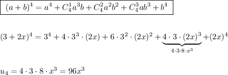 \boxed{\ (a+b)^4=a^4+C_4^1a^3b+C_4^2a^2b^2+C_4^3ab^3+b^4\ }\\\\\\(3+2x)^4=3^4+4\cdot 3^3\cdot (2x)+6\cdot 3^2\cdot (2x)^2+\underbrace {4\cdot 3\cdot (2x)^3}_{4\cdot 3\cdot 8\cdot x^3}+(2x)^4\\\\\\u_4=4\cdot 3\cdot 8\cdot x^3=96x^3