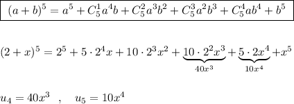 \boxed{\ (a+b)^5=a^5+C_5^1a^4b+C_5^2a^3b^2+C_5^3a^2b^3+C_5^4ab^4+b^5\ }\\\\\\(2+x)^5=2^5+5\cdot 2^4x+10\cdot 2^3x^2+\underbrace {10\cdot 2^2x^3}_{40x^3}+\underbrace{5\cdot 2x^4}_{10x^4}+x^5\\\\\\u_4=40x^3\ \ ,\ \ \ u_5=10x^4