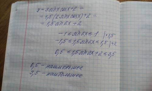 Найти наибольшее и наименьшее значения функции y = 3sinxcosx +2