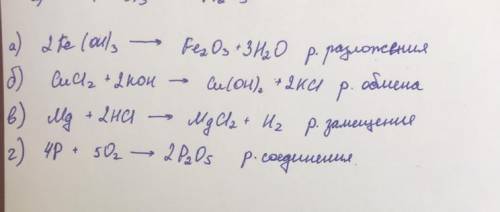 Даны уравнения реакции, расставьте коэффициенты и подпишите тип химической реакции. a) Fe(ON)3=Fe2O3