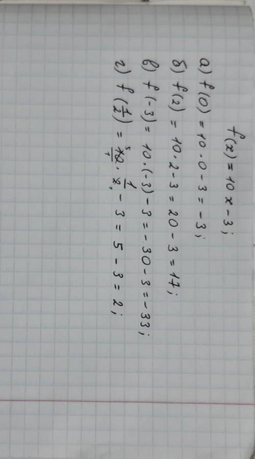 Функция задана формулой f(x)=10x-3 Найдите a)f(0), б)f(2), в)f(-3), г)f(1/2)​