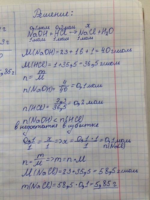 Рассчитайте количество соли, образованной при взаимодействии 4г гидроксида натрия и 7,3 г соляной ки