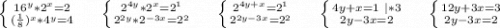 \left \{ {{16^y*2^x=2} \atop {(\frac{1}{8})^x*4^y=4 }} \right. \ \ \ \ \left \{ {{2^{4y}*2^x=2^1} \atop {2^{2y}*2^{-3x}=2^2}} \right. \ \ \ \ \left \{ {{2^{4y+x}=2^1} \atop {2^{2y-3x}=2^2}} \right. \ \ \ \ \left \{ {{4y+x=1\ |*3} \atop {2y-3x=2}} \right.\ \ \ \ \left \{ {{12y+3x=3} \atop {2y-3x=2}} \right.