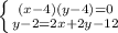 \left \{ {{(x-4)(y-4)=0} \atop {y-2=2x+2y-12\\}} \right.