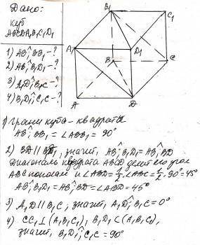 Дано куб ABCDA1B1C1D1. Знайдіть кут між прямими: 1) BB1 і CD 2) A1C1 і C1D 3) AB1 і CD1 4) AB1 і C1D