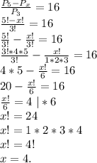 \frac{P_5-P_x}{P_3}=16\\\frac{5!-x!}{3!} =16\\\frac{5!}{3!}-\frac{x!}{3!} =16\\ \frac{3!*4*5}{3!} -\frac{x!}{1*2*3}=16\\4*5-\frac{x!}{6} =16\\20-\frac{x!}{6}=16\\ \frac{x!}{6}=4\ |*6\\x!=24\\x!=1*2*3*4\\x!=4!\\x=4.