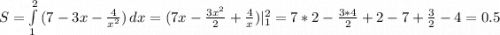 S=\int\limits^2_1 {(7-3x-\frac{4}{x^2}) } \, dx =(7x-\frac{3x^2}{2} +\frac{4}{x}) |^2_{1}=7*2-\frac{3*4}{2} +2-7+\frac{3}{2} -4=0.5