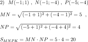 2)\ \ M(-1;1)\ ,\ N(-1;-4)\ ,\ P(-5;-4)\\\\MN=\sqrt{(-1+1)^2+(-4-1)^2}=5\ \ ,\\\\NP=\sqrt{(-5+1)^2+(-4+4)^2}=4\\\\S_{MNPK}=MN\cdot NP=5\cdot 4=20