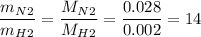 \dfrac{m_N_2}{m_H_2} = \dfrac{M_N_2}{M_H_2} = \dfrac{0.028}{0.002} =14