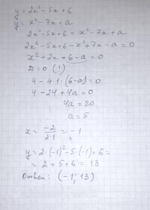 При каком значении а графики функций у=2х^2-5х+6 и у=х^2-7х+а имеют одну общую точку? Найдите коорди