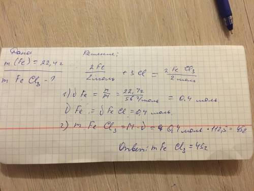 Железо массой 22,4 г реагирует с хлором. Вычислите массу хлора, вступившего в реакцию.2Fe + 3Cl2 = 2