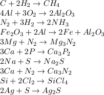 C+2H_{2}\to} CH_{4} \\4Al+3O_{2}\to} 2Al_{2} O_{3} \\ N_{2} +3H_{2} \to} 2NH_{3}\\ Fe_{2}O_{3}+2Al\to} 2Fe+ Al_{2}O_{3}\\3Mg+N_{2}\to} Mg_{3}N_{2}\\3Ca+2P\to} Ca_{3}P_{2} \\2Na+S\to}Na_{2}S\\3Ca+N_{2}\to} Ca_{3}N_{2} \\Si + 2Cl_{2} \to} SiCl_{4} \\2Ag+S\to}Ag_{2}S\\