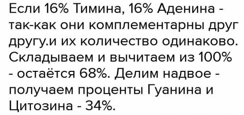 в 1 молекуле ДНК содержится 16% тимина от общего количества. определите количество (в %) каждого из