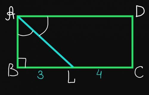 Бісектриса А прямокутника ABCD ділить сторону ВC на відрізки 3см і 4см, починаючи від вершини В. Зн