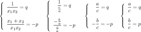 \left\{\begin{array}{l}\dfrac{1}{x_1x_2}=q\\\\\dfrac{x_1+x_2}{x_1x_2}=-p\end{array}\right\ \ \left\{\begin{array}{c}\dfrac{1}{\frac{c}{a}}=q\\\\\dfrac{-\frac{b}{a}}{\frac{c}{a}}=-p\end{array}\right\ \ \ \left\{\begin{array}{ccc}\dfrac{a}{c}=q\\\\-\dfrac{b}{c}=-p\end{array}\right\ \ \left\{\begin{array}{ccc}\dfrac{a}{c}=q\\\\\dfrac{b}{c}=p\end{array}\right