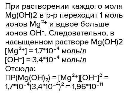 с задачей по химии. Растворимость гидроксида магния в воде (после старения осадка) 1,7*10-4 моль/л.