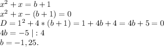x^2+x=b+1\\x^2+x-(b+1)=0\\D=1^2+4*(b+1)=1+4b+4=4b+5=0\\4b=-5\ |:4\\b=-1,25.