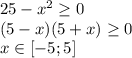 25-x^2\geq 0\\(5-x)(5+x)\geq 0\\x \in [-5;5]