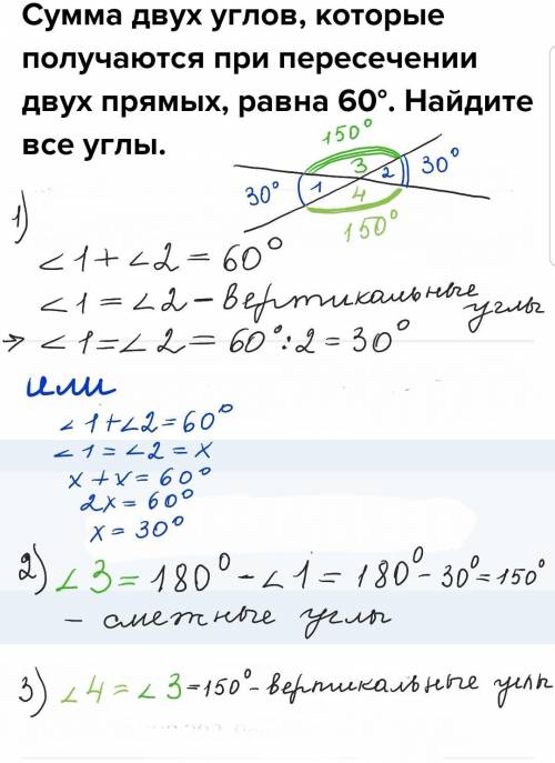 Сумма двух углов, которые получаются при пересечении двух прямых, равна 60°. Найдите все углы.