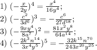 1)\ (-\frac{x}{2y})^4}= \frac{x^4}{16y^4} ;\\2)\ (-\frac{c^2}{3d^6})^3=-\frac{c^6}{27d^{18}} ;\\3)\ (-\frac{9xy^4}{8a^7} )^2=\frac{81x^2y^8}{64a^{14}};\\4)\ (-\frac{2k^3n^{14}}{3x^4y^5})^5 =-\frac{32k^{15}n^{70}}{243x^{20}y^{25}}.