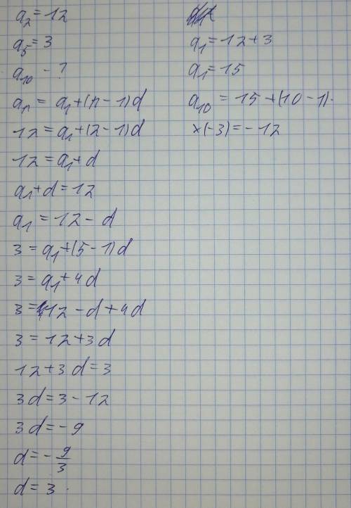 В арифметической прогрессии а2=12 и а5=3. Найдите 10 член прогрессии?​