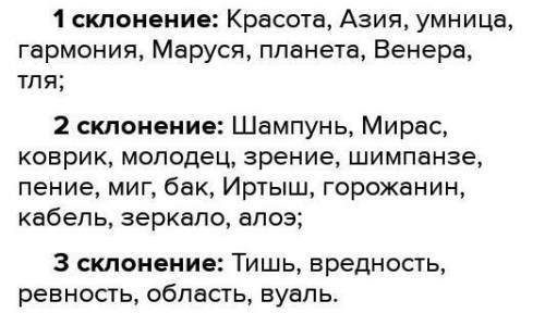 Упр.1 Распредели существительные в три столбика. Работай письменно. Красота, шампунь, тишь, Мирас, к