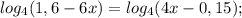 log_{4}(1,6-6x)=log_{4}(4x-0,15);