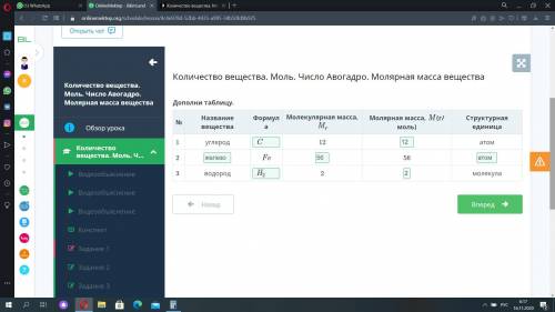 Количество вещества. Моль. Число Авогадро. Молярная масса вещества Дополни таблицу.№Название веществ
