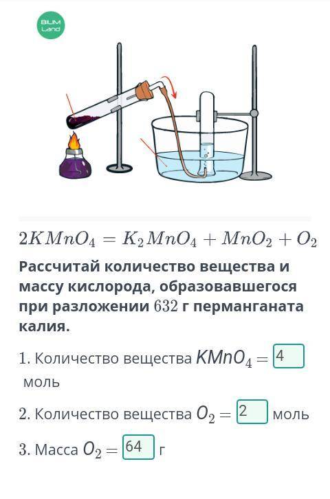 Рассчитай количество вещества и массу кислорода, образовавшегося при разложении 632 г перманганата к