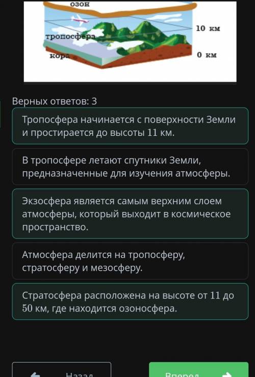 Рассмотри рисунок и проанализируй строение атмосферы. Верных ответов: 3Атмосфера делится на тропосфе