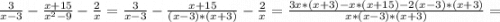 \frac{3}{x-3} -\frac{x+15}{x^2-9} - \frac{2}{x} =\frac{3}{x-3} - \frac{x+15}{(x-3)*(x+3)} -\frac{2}{x} =\frac{3x*(x+3)-x*(x+15)-2(x-3)*(x+3)}{x*(x-3)*(x+3)} =