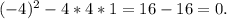 (-4)^{2}-4*4*1=16-16=0.