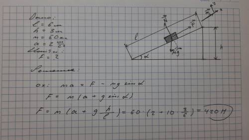 На наклонной плоскости длиной 6 м и высотой 3 м находится груз массой 60 кг. Какую силу, направленну