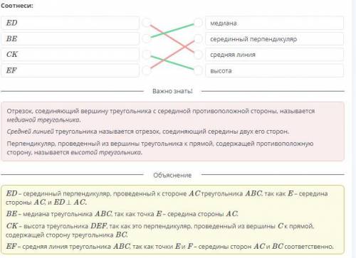 Соотнесите ED медиана BE серединный перпендикуляр CK средняя линия EF высота