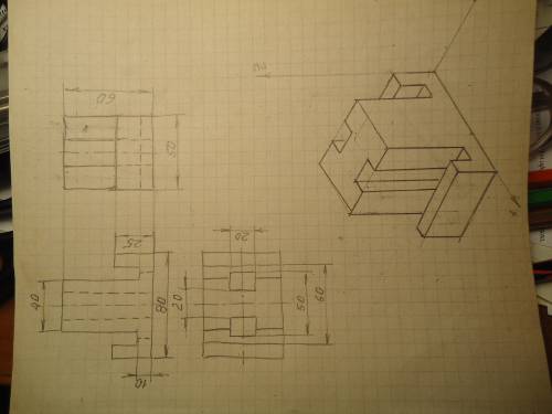 По двум видам модели третий вид и изометрию. Проставить размеры.