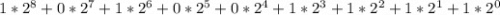 1 * 2^{8} + 0 * 2^{7} + 1 * 2^{6} + 0 * 2^{5} + 0 * 2^{4} + 1 * 2^{3} + 1 * 2^{2} + 1 * 2^{1} + 1 * 2^{0}