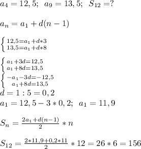 a_4=12,5;\;\;a_9=13,5;\;\;S_{12}=?\\\\a_n=a_1+d(n-1)\\\\\left \{ {{12,5=a_1+d*3} \atop {13,5=a_1+d*8}} \right. \\\\\left \{ {{a_1+3d=12,5} \atop {a_1+8d=13,5}} \right. \\\left \{ {{-a_1-3d=-12,5} \atop {a_1+8d=13,5}} \right. \\d=1:5=0,2\\a_1=12,5-3*0,2;\;\;a_1=11,9\\\\S_n=\frac{2a_1+d(n-1)}{2}*n\\\\S_{12}=\frac{2*11,9+0,2*11}2}*12=26*6=156