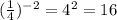 (\frac{1}{4})^{-2} = 4^{2} = 16